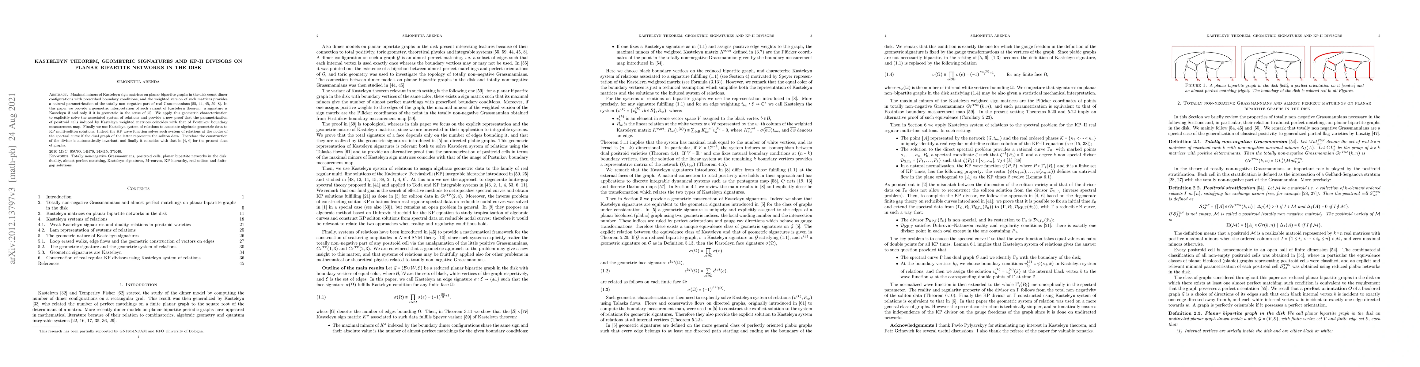 Thumbnail for Kasteleyn theorem, geometric signatures and KP-II divisors on planar
  bipartite networks in the disk
