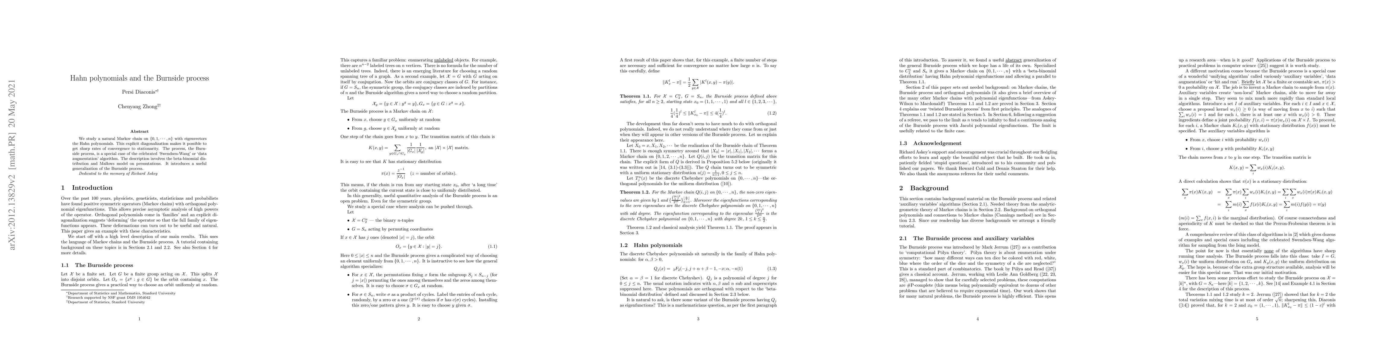 Thumbnail for Hahn polynomials and the Burnside process