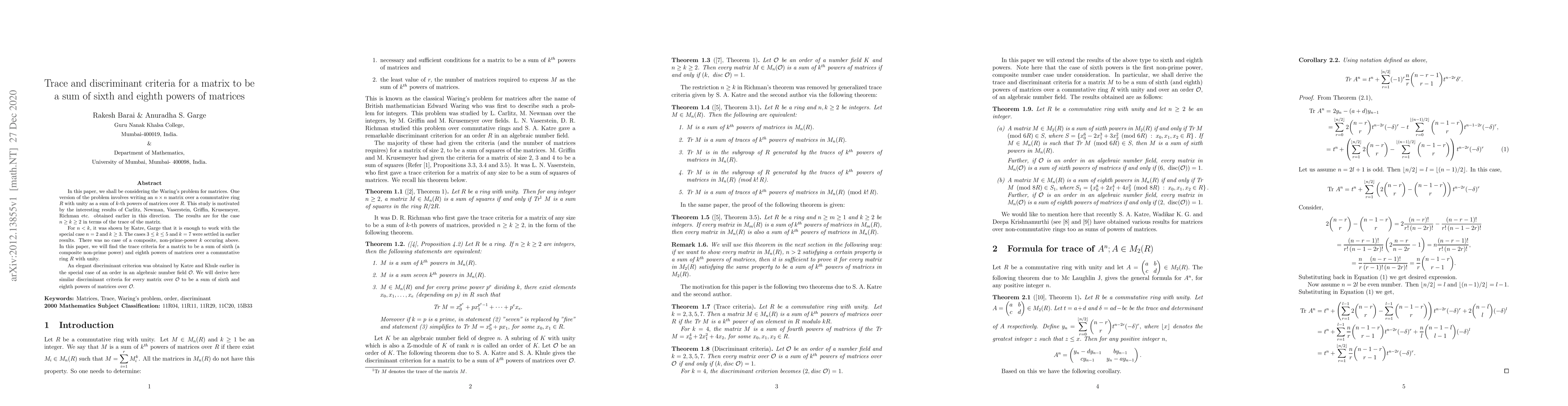 Thumbnail for Trace and discriminant criteria for a matrix to be a sum of sixth and
  eighth powers of matrices
