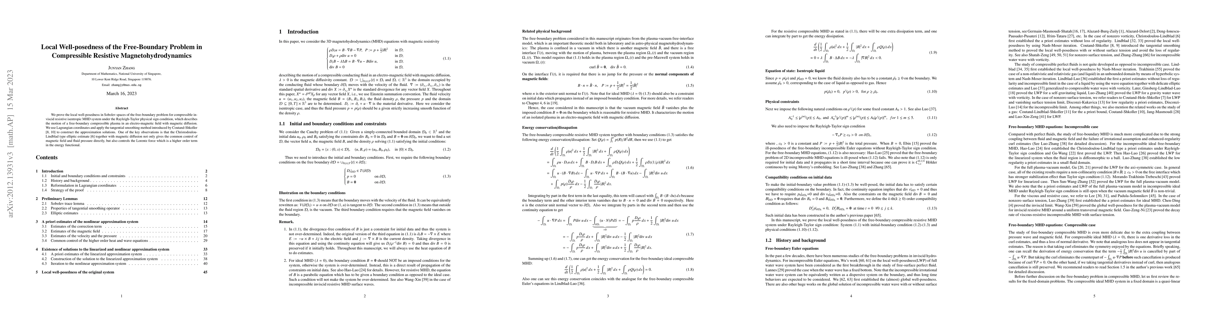 Thumbnail for Local Well-posedness of the Free-Boundary Problem in Compressible
  Resistive Magnetohydrodynamics