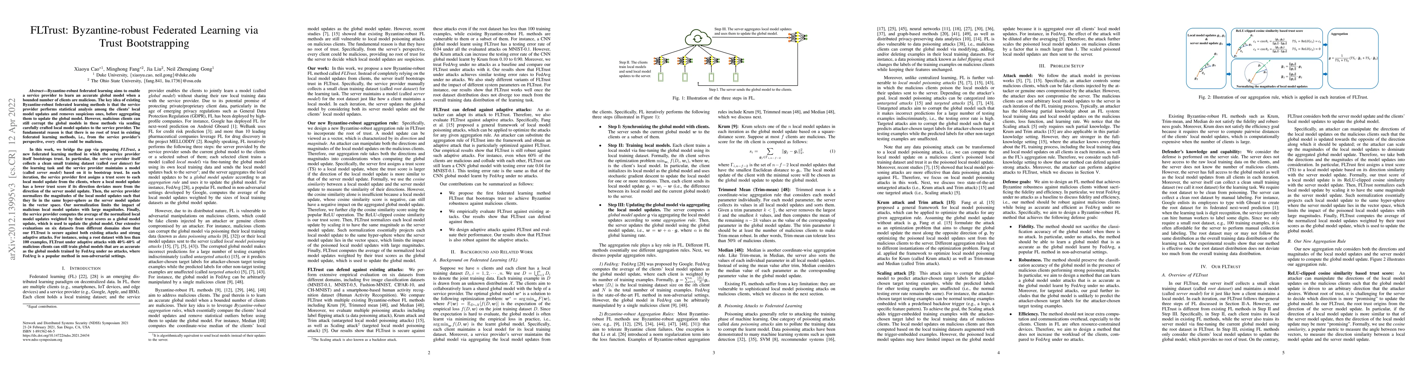 Thumbnail for FLTrust: Byzantine-robust Federated Learning via Trust Bootstrapping