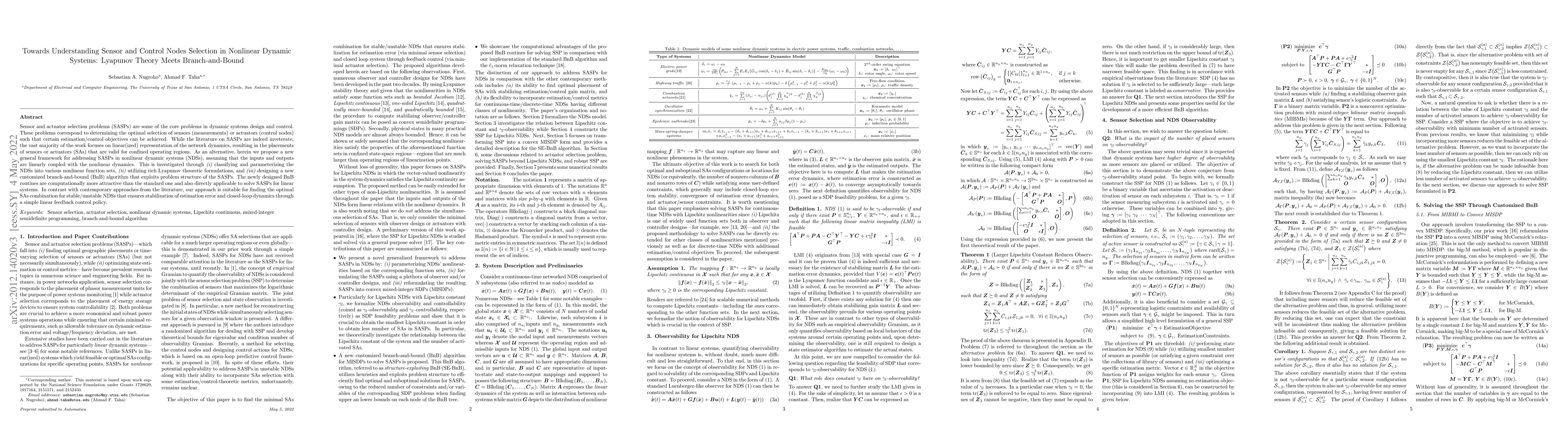 Thumbnail for Towards Understanding Sensor and Control Nodes Selection in Nonlinear
  Dynamic Systems: Lyapunov Theory Meets Branch-and-Bound