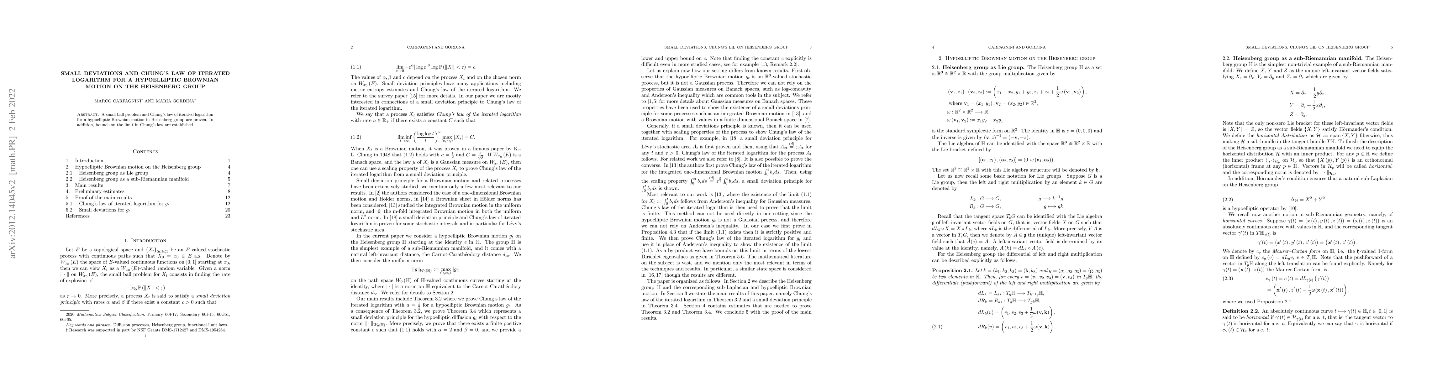 Thumbnail for Small deviations and Chung's law of iterated logarithm for a
  hypoelliptic Brownian motion on the Heisenberg group