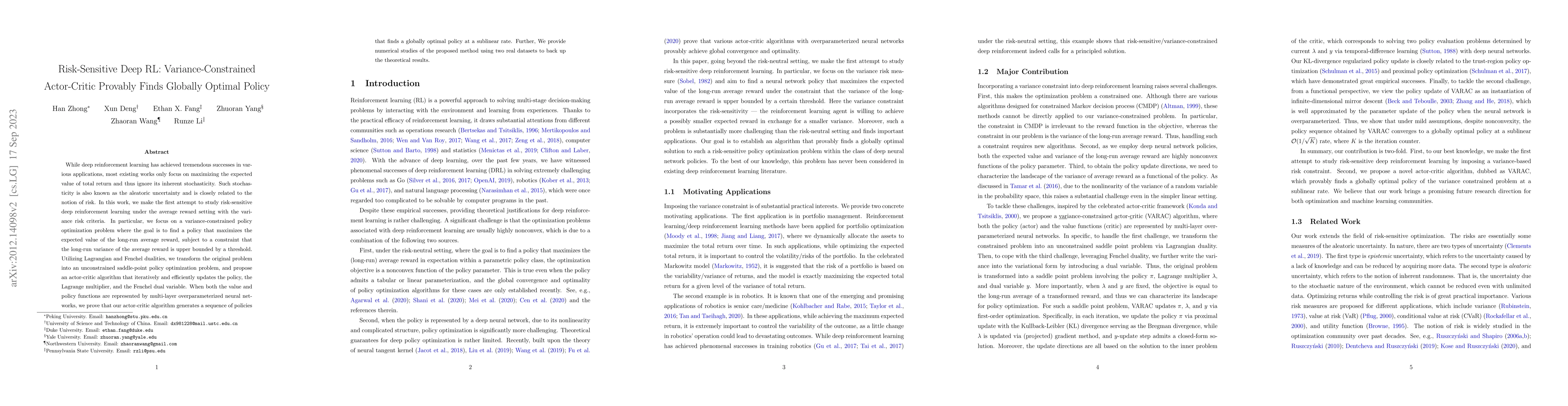 Thumbnail for Risk-Sensitive Deep RL: Variance-Constrained Actor-Critic Provably Finds
  Globally Optimal Policy