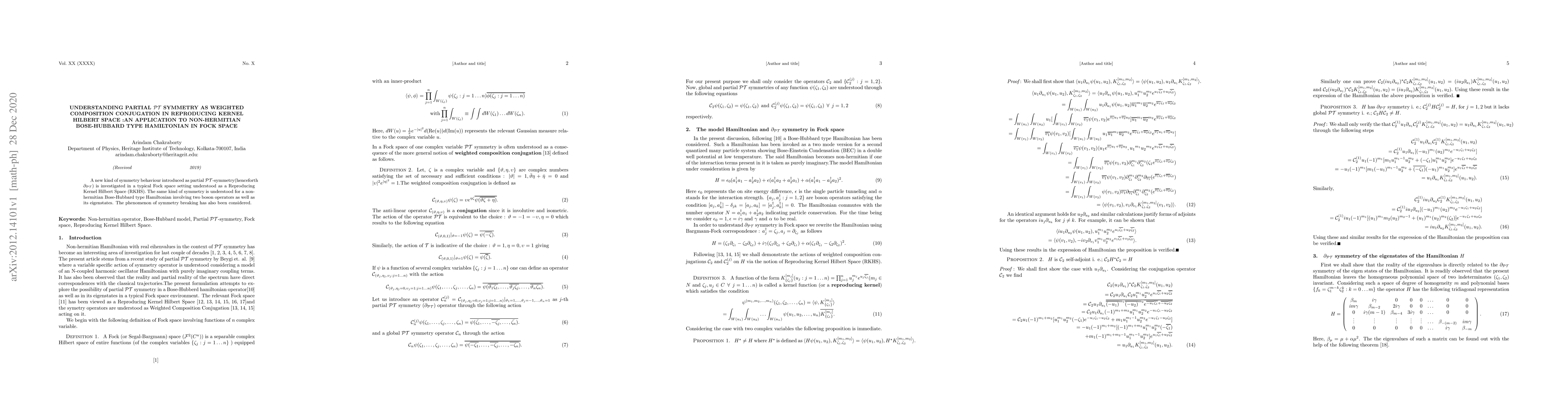 Thumbnail for Understanding Partial PT symmetry as weighted composition conjugation in
  Reproducing Kernel Hilbert Space :An application to non-hermitian
  Bose-Hubbard type Hamiltonian in Fock space
