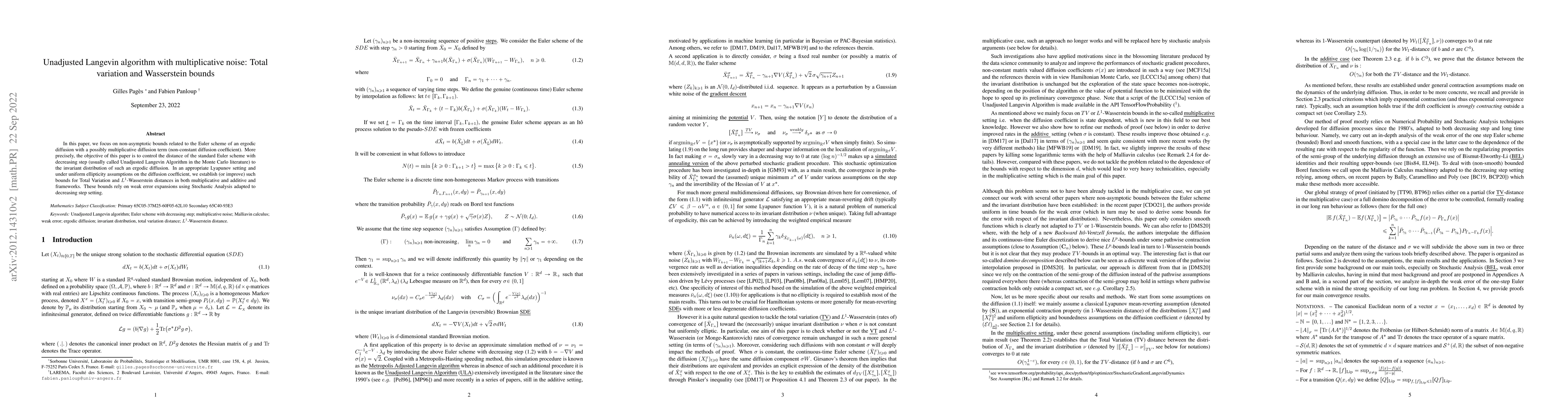 Thumbnail for Unadjusted Langevin algorithm with multiplicative noise: Total variation
  and Wasserstein bounds