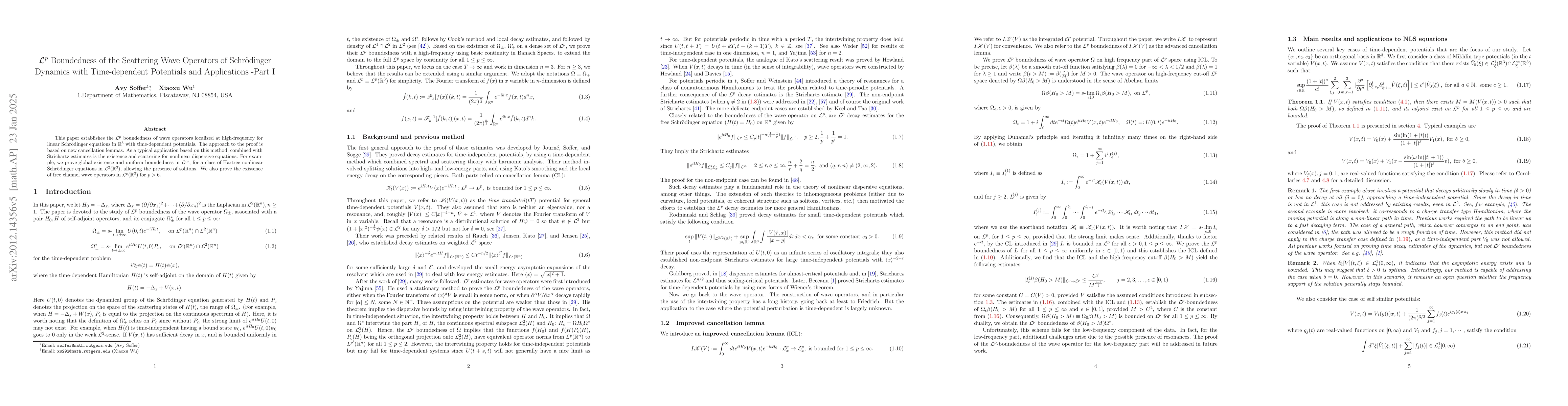Thumbnail for L^p Boundedness of the Scattering Wave Operators of Schroedinger
  Dynamics with Time-dependent Potentials and applications