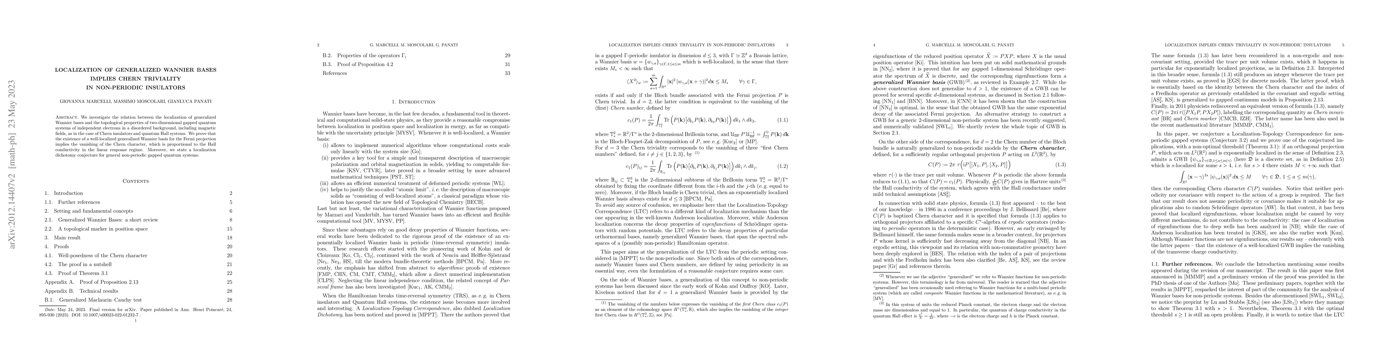 Thumbnail for Localization of generalized Wannier bases implies Chern triviality in
  non-periodic insulators