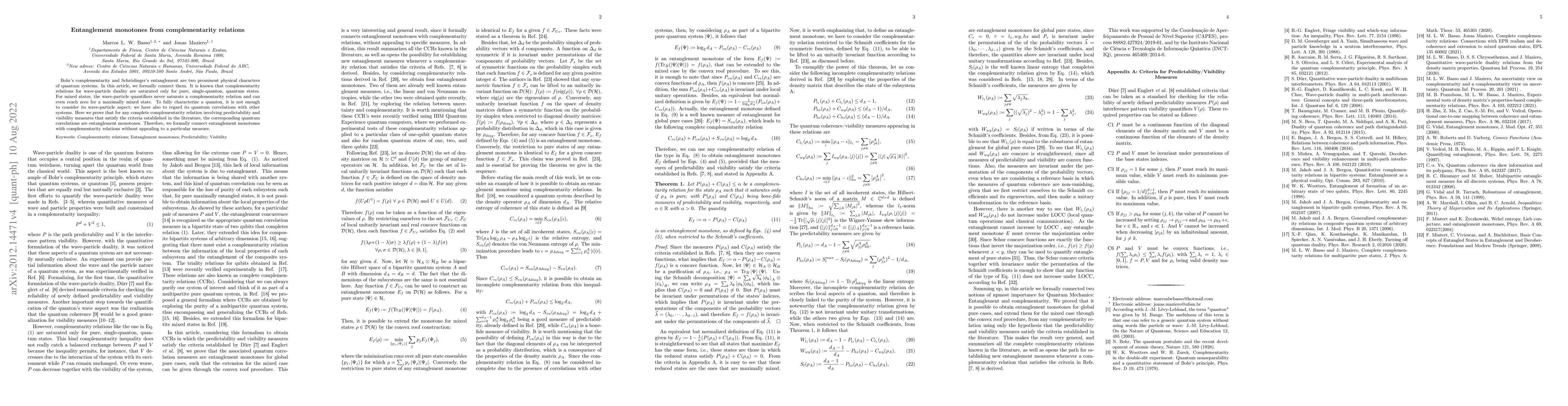 Thumbnail for Entanglement Monotones from Complementarity Relations
