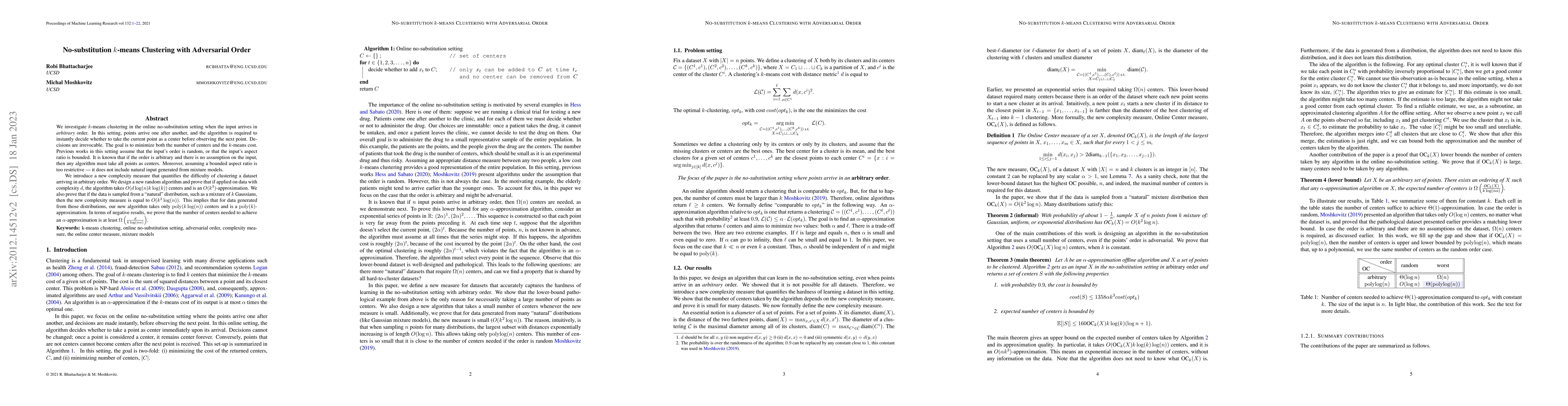 Thumbnail for No-substitution k-means Clustering with Adversarial Order