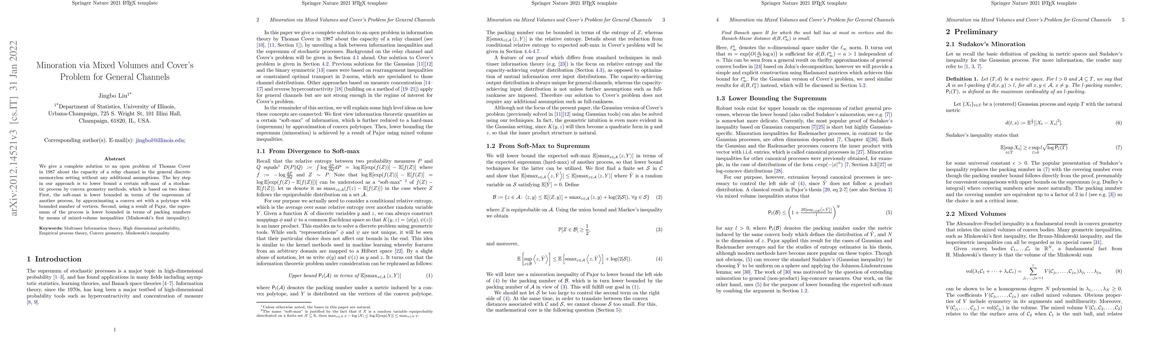Thumbnail for Minoration via Mixed Volumes and Cover's Problem for General Channels