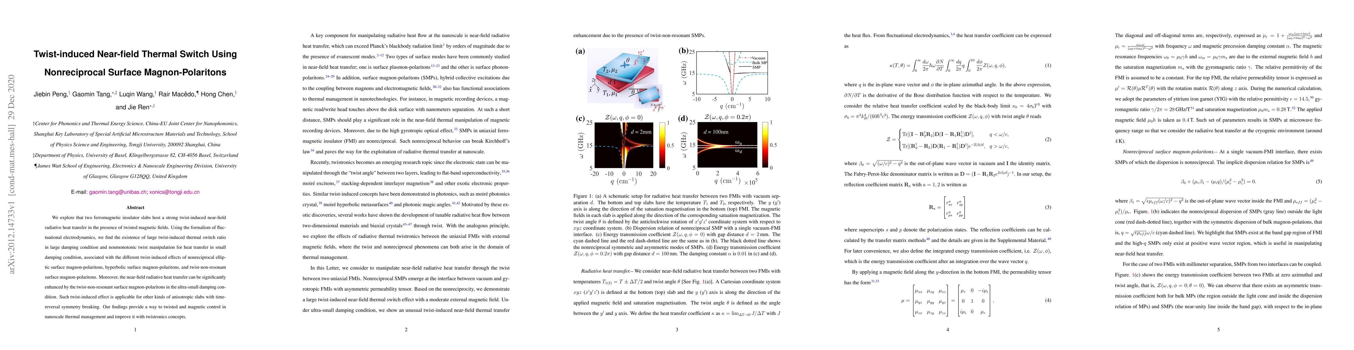 Thumbnail for Twist-induced Near-field Thermal Switch Using Nonreciprocal Surface
  Magnon-Polaritons