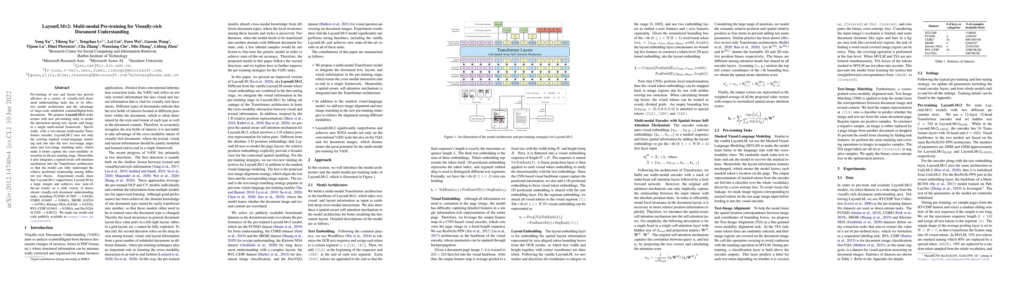 Thumbnail for LayoutLMv2: Multi-modal Pre-training for Visually-Rich Document
  Understanding