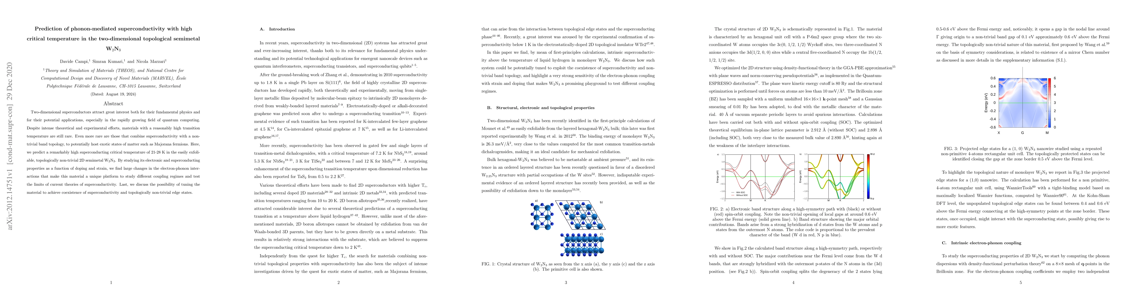 Thumbnail for Prediction of phonon-mediated superconductivity with high critical
  temperature in the two-dimensional topological semimetal W2N3
