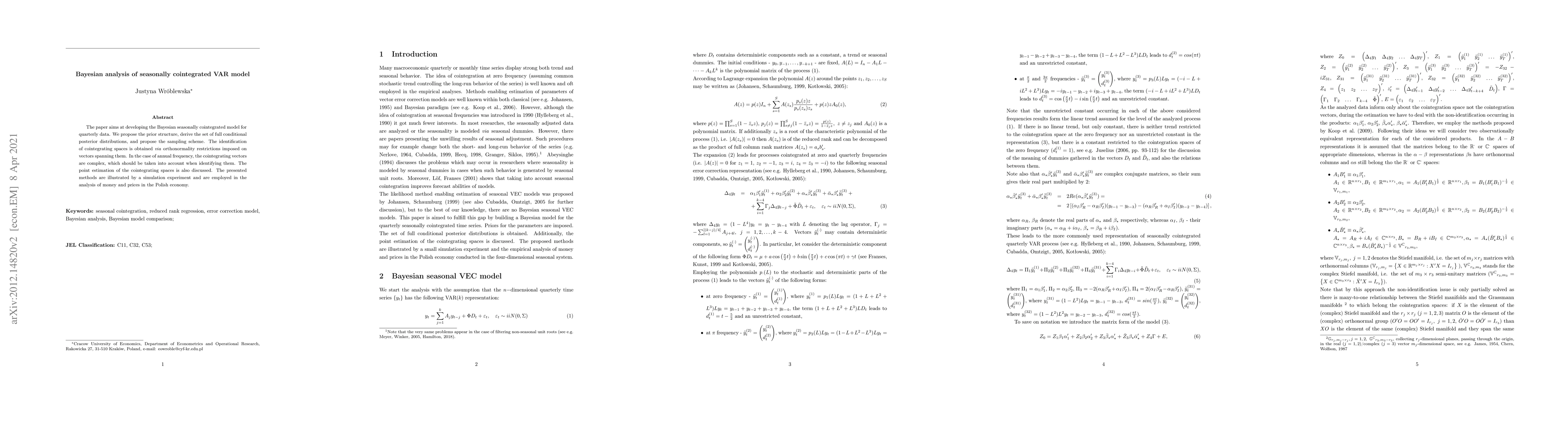 Thumbnail for Bayesian analysis of seasonally cointegrated VAR model