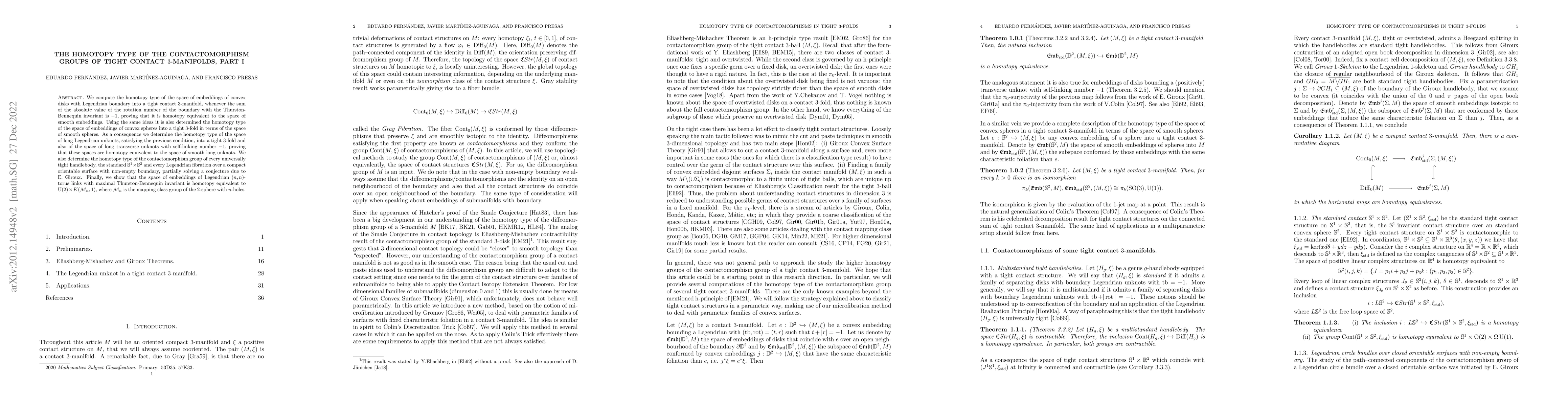 Thumbnail for The homotopy type of the contactomorphism groups of tight contact
  $3$-manifolds, part I
