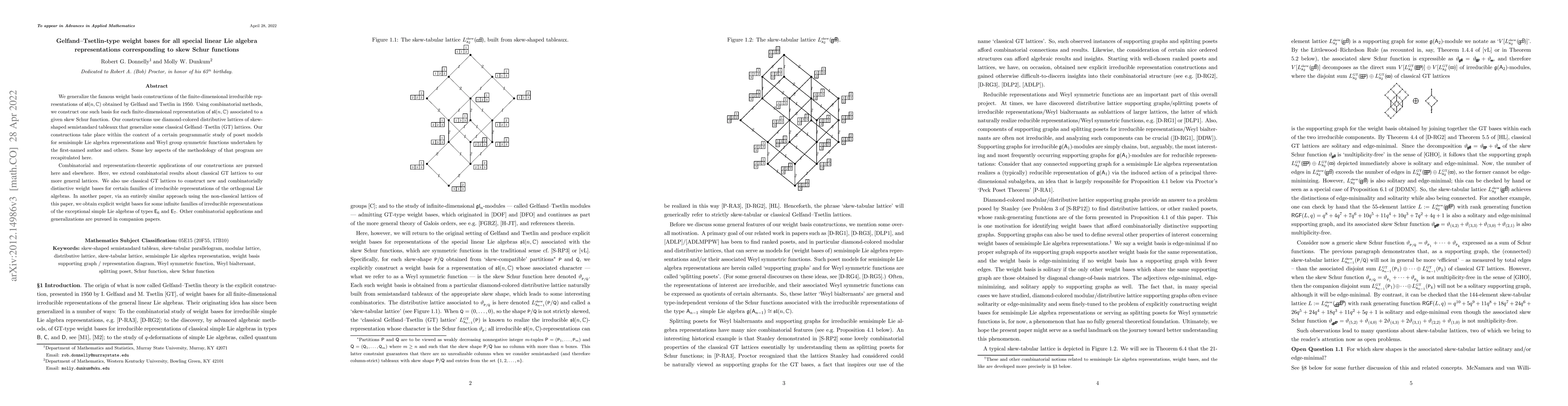 Thumbnail for Gelfand--Tsetlin-type weight bases for all special linear Lie algebra
  representations corresponding to skew Schur functions