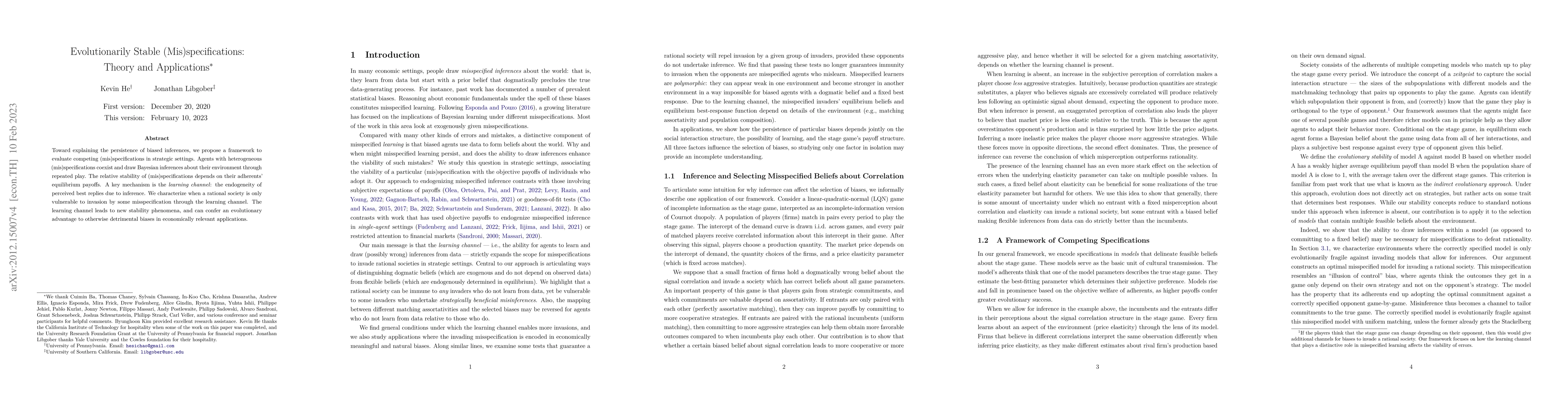 Thumbnail for Evolutionarily Stable (Mis)specifications: Theory and Applications