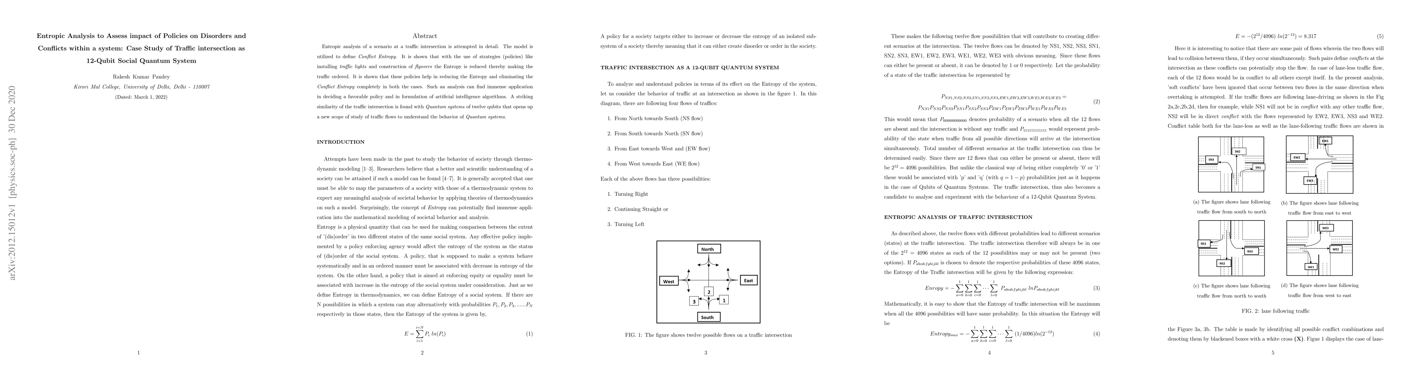Thumbnail for Entropic Analysis to Assess impact of Policies on Disorders and
  Conflicts within a system: Case Study of Traffic intersection as 12-Qubit
  Social Quantum System
