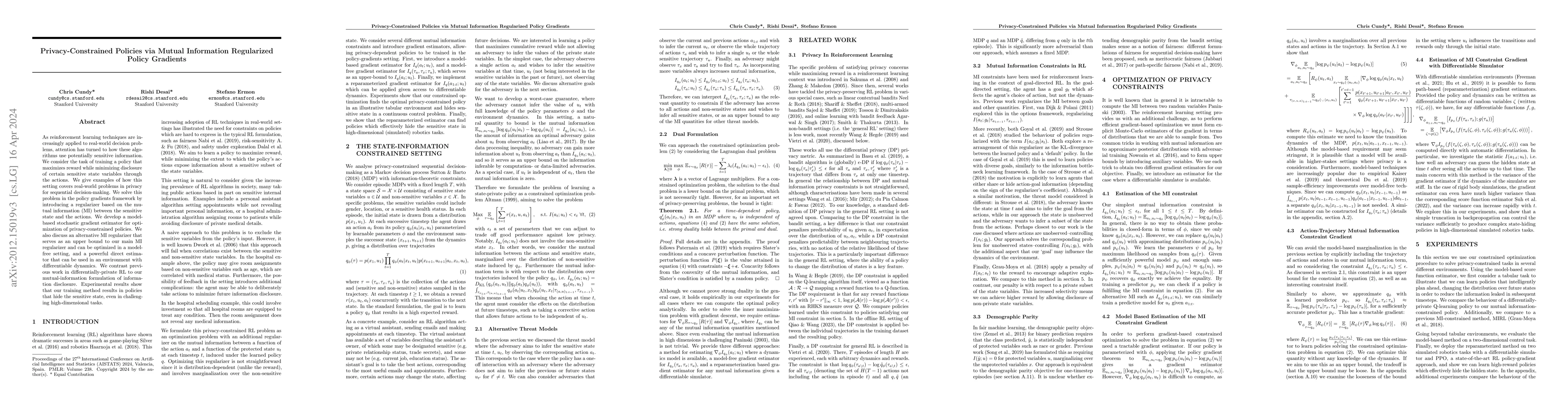 Thumbnail for Privacy-Constrained Policies via Mutual Information Regularized Policy
  Gradients