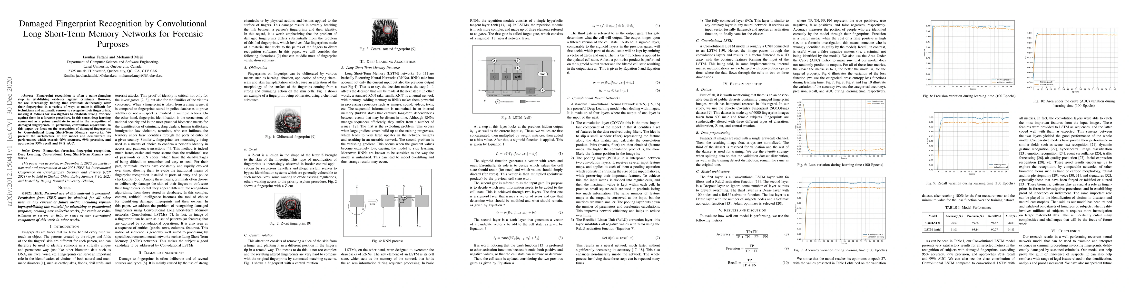 Thumbnail for Damaged Fingerprint Recognition by Convolutional Long Short-Term Memory
  Networks for Forensic Purposes