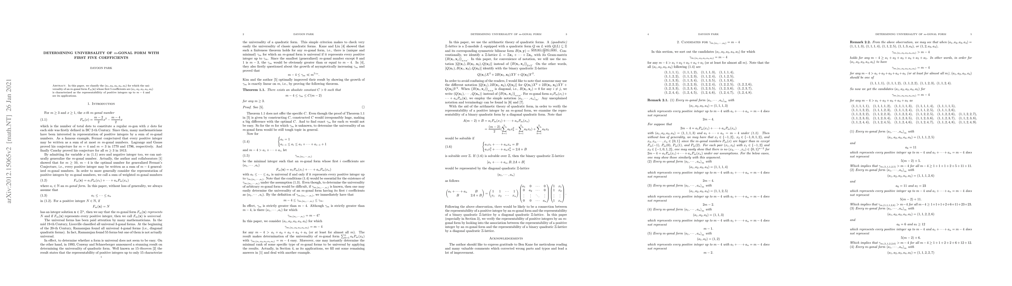 Thumbnail for Determining universality of $m$-gonal form with first five coefficients