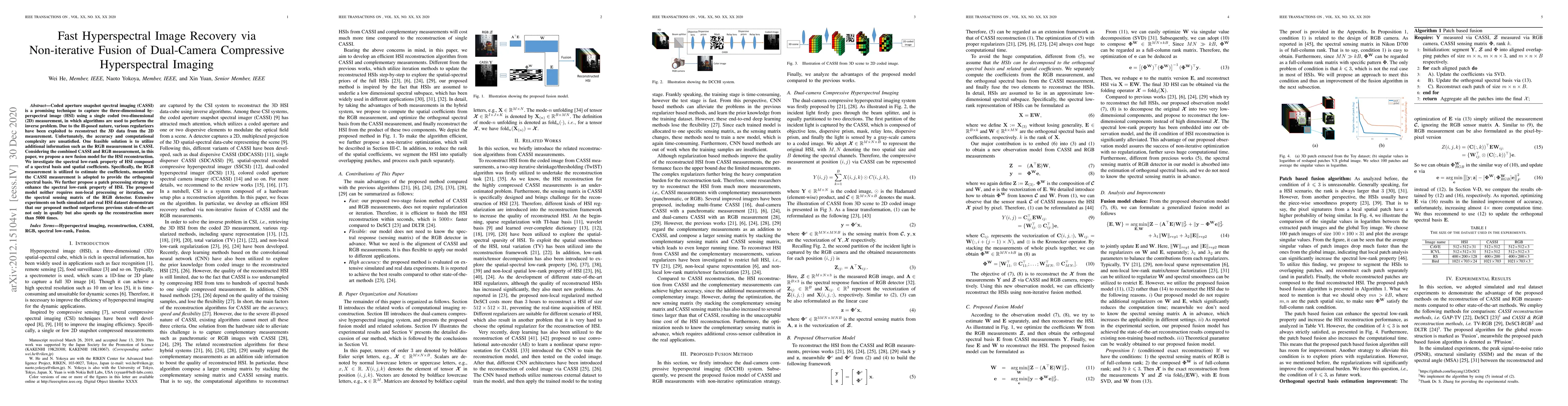 Thumbnail for Fast Hyperspectral Image Recovery via Non-iterative Fusion of
  Dual-Camera Compressive Hyperspectral Imaging