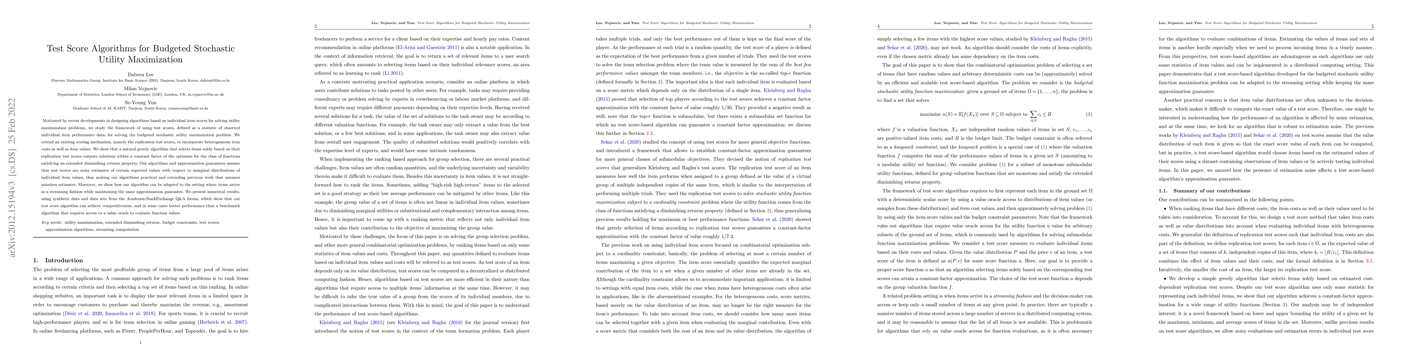 Thumbnail for Test Score Algorithms for Budgeted Stochastic Utility Maximization