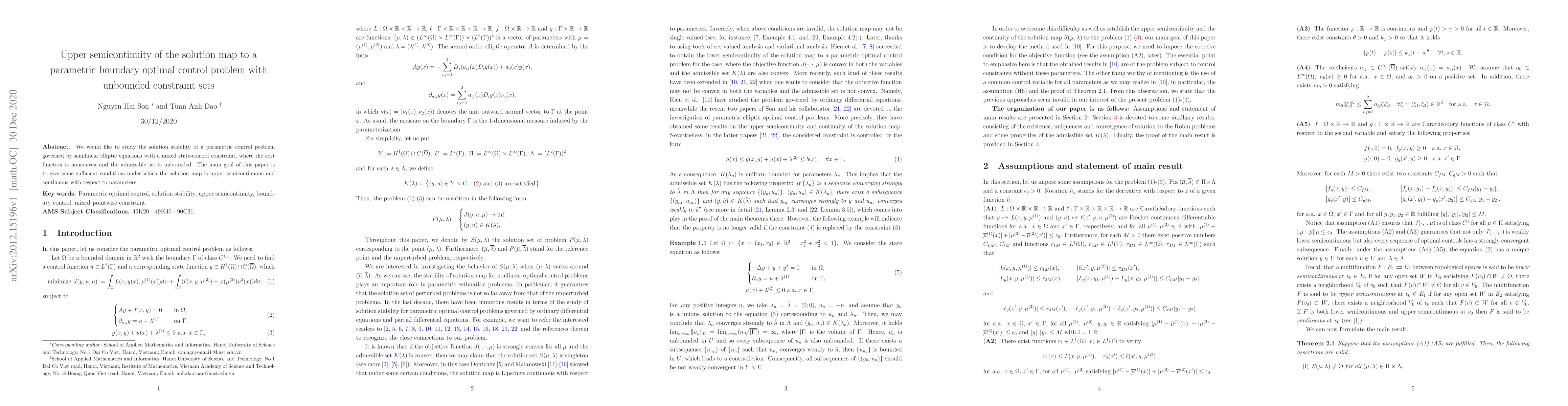 Thumbnail for Upper semicontinuity of the solution map to a parametric boundary
  optimal control problem with unbounded constraint sets