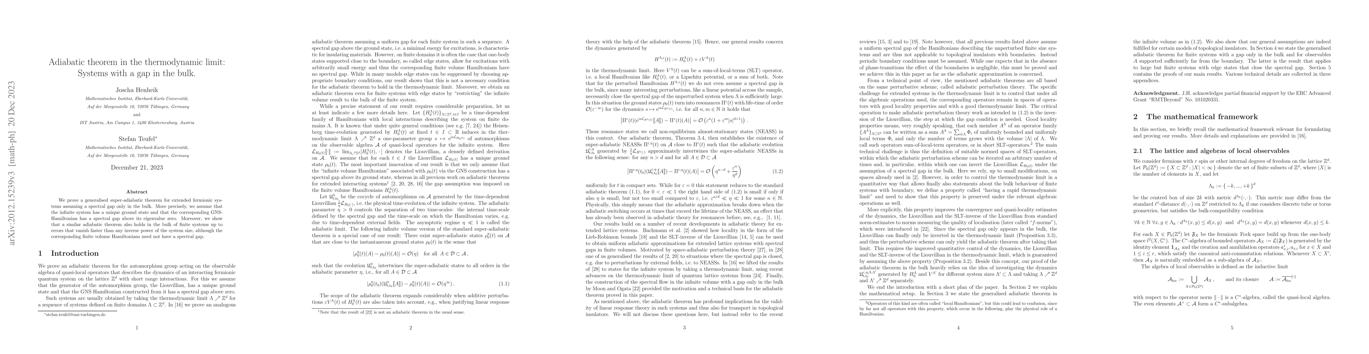 Thumbnail for Adiabatic theorem in the thermodynamic limit: Systems with a gap in the
  bulk