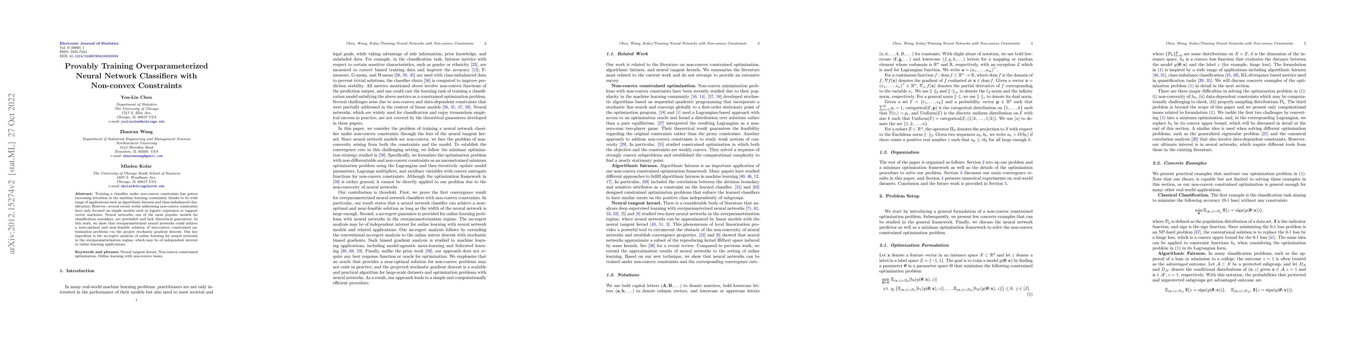 Thumbnail for Provably Training Overparameterized Neural Network Classifiers with
  Non-convex Constraints