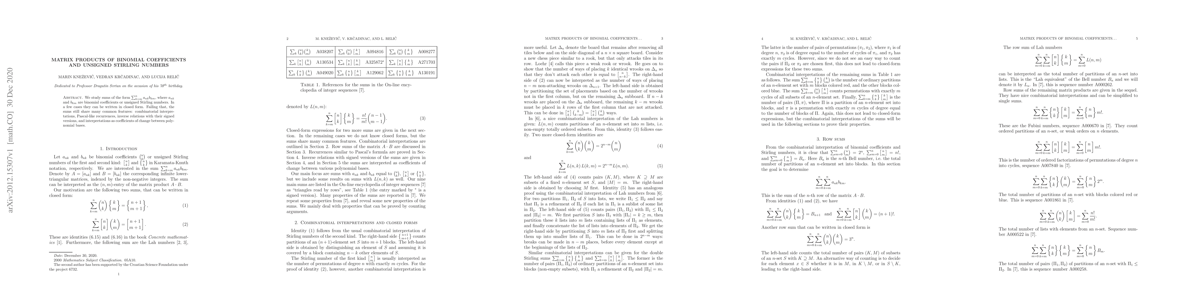 Thumbnail for Matrix products of binomial coefficients and unsigned Stirling numbers
