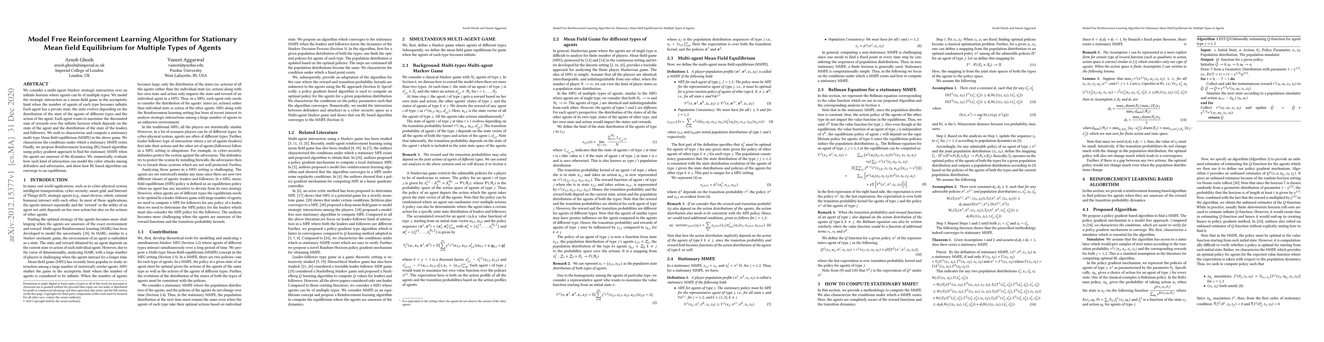 Thumbnail for Model Free Reinforcement Learning Algorithm for Stationary Mean field
  Equilibrium for Multiple Types of Agents