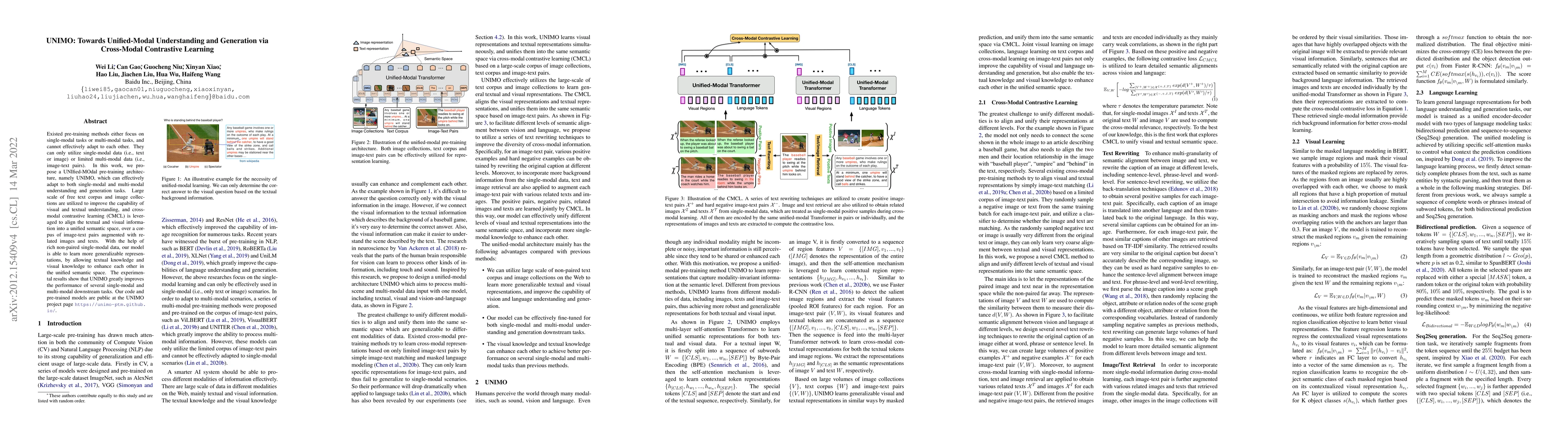 Thumbnail for UNIMO: Towards Unified-Modal Understanding and Generation via
  Cross-Modal Contrastive Learning