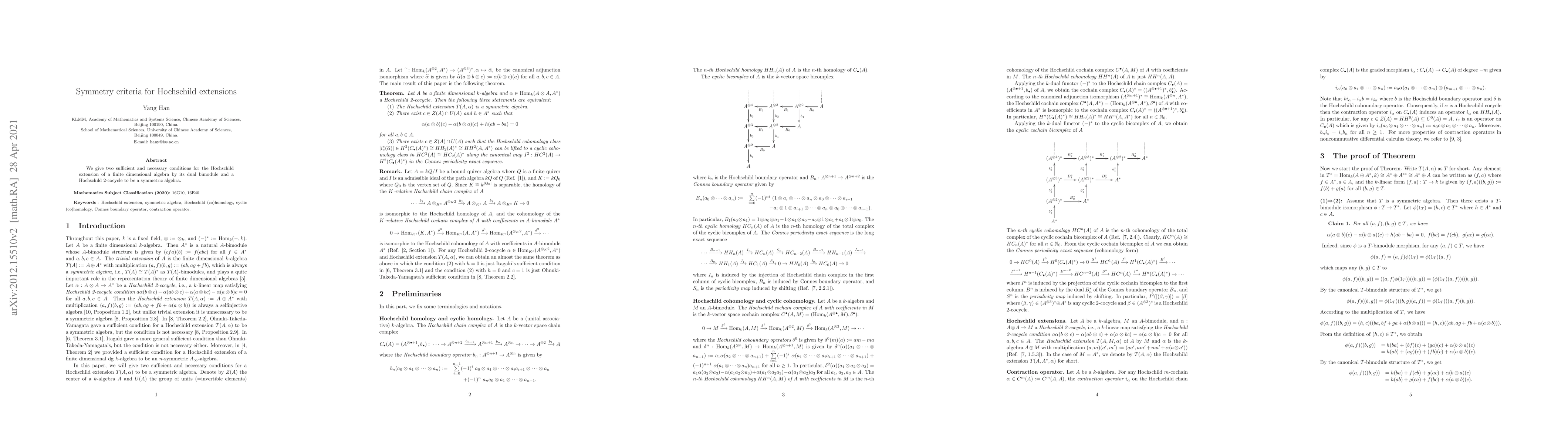 Thumbnail for Symmetry criteria for Hochschild extensions
