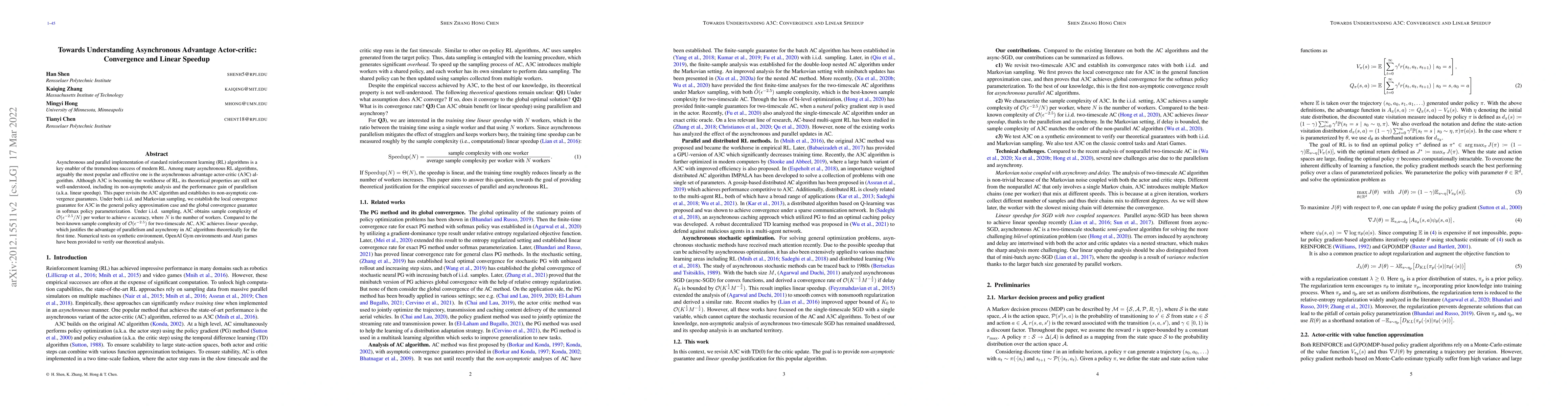 Thumbnail for Towards Understanding Asynchronous Advantage Actor-critic: Convergence
  and Linear Speedup