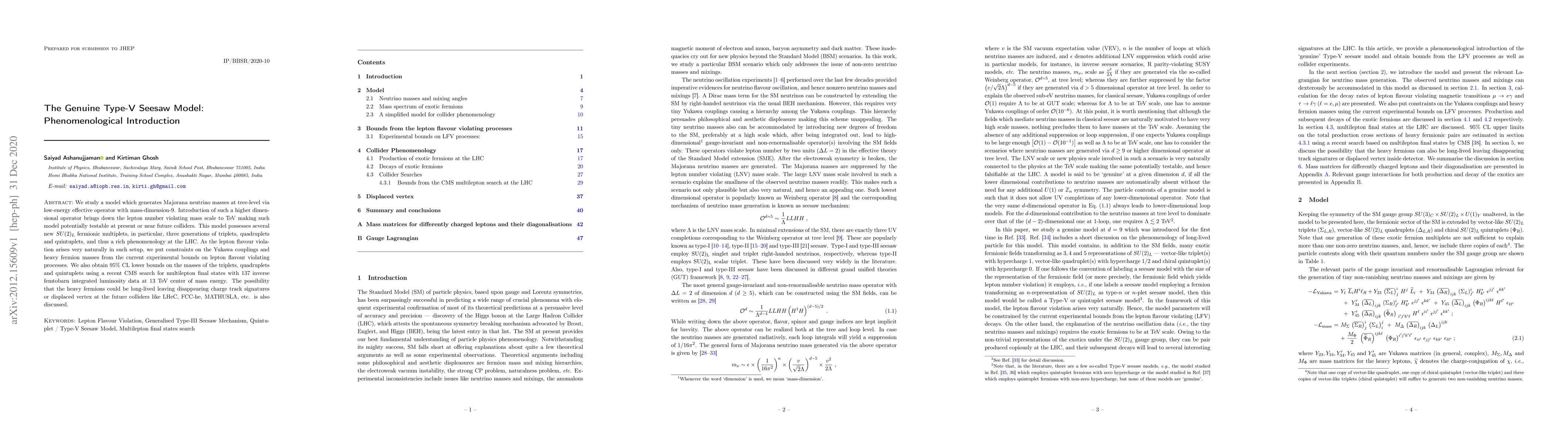 Thumbnail for The Genuine Type-V Seesaw Model: Phenomenological Introduction