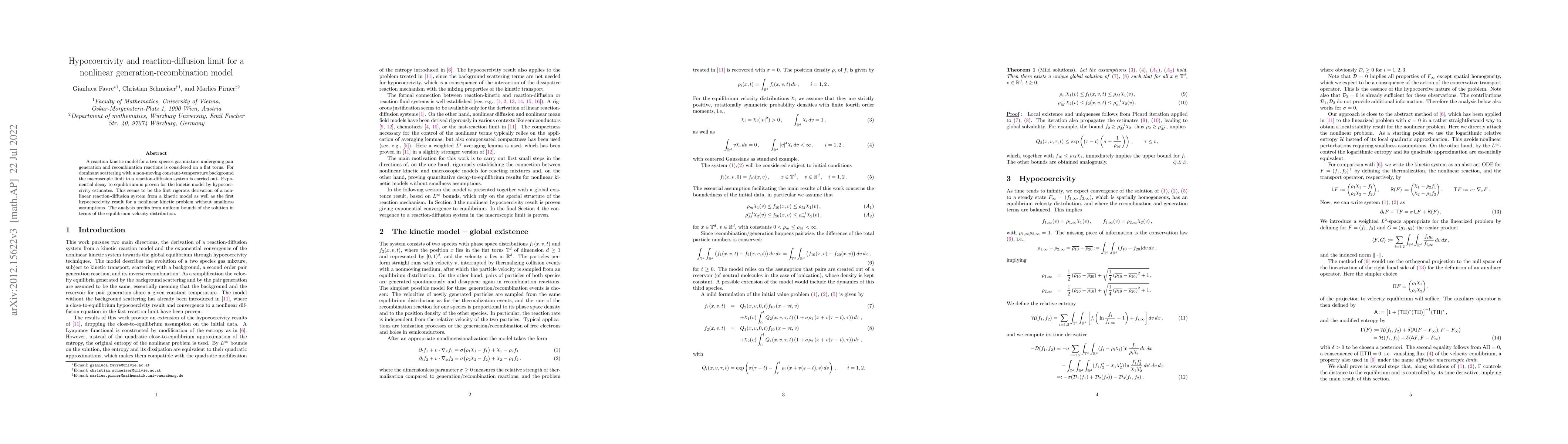 Thumbnail for Hypocoercivity and reaction-diffusion limit for a nonlinear
  generation-recombination model