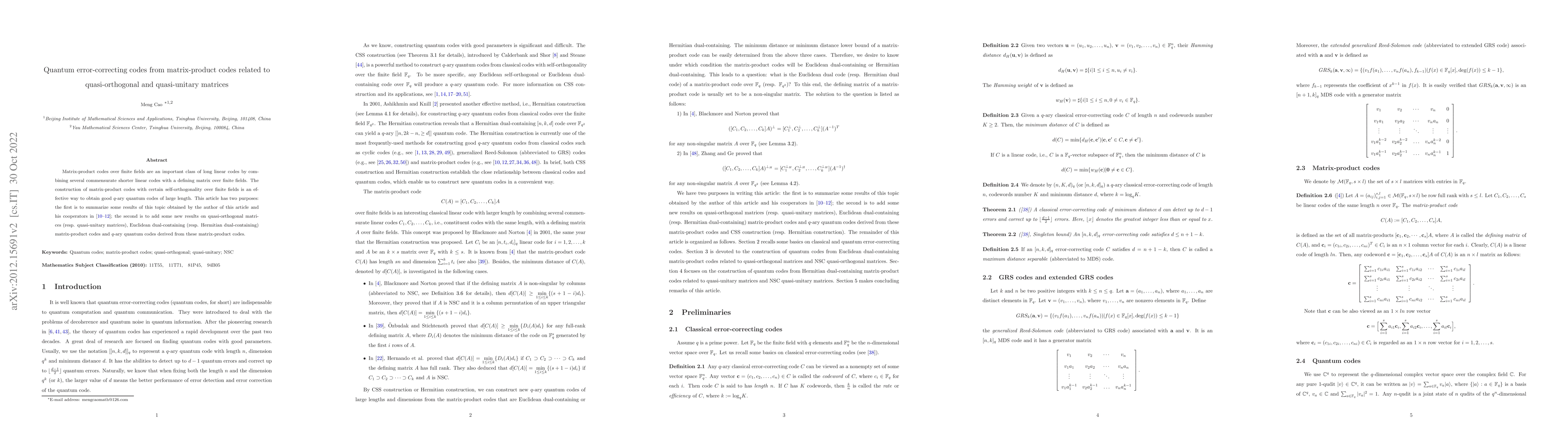 Thumbnail for Quantum error-correcting codes from matrix-product codes related to
  quasi-orthogonal and quasi-unitary matrices