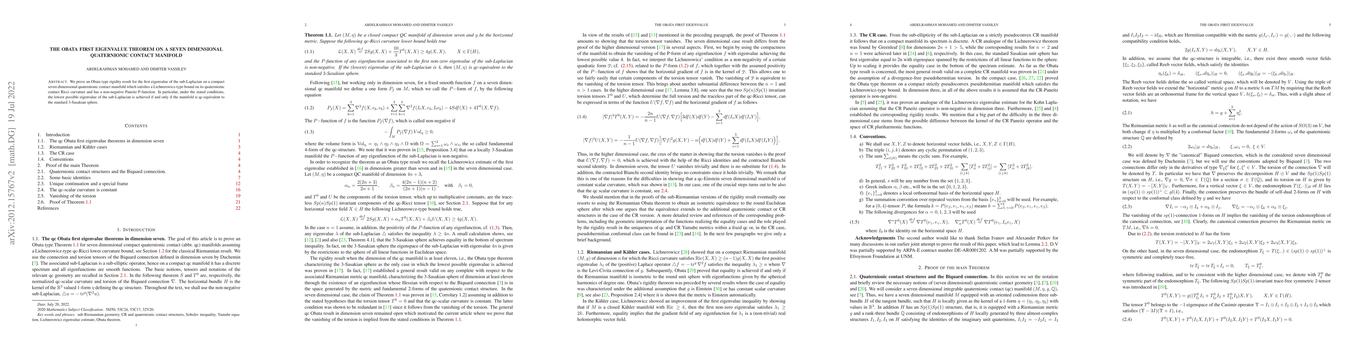 Thumbnail for The Obata first eigenvalue theorems on a seven dimensional quaternionic
  contact manifold