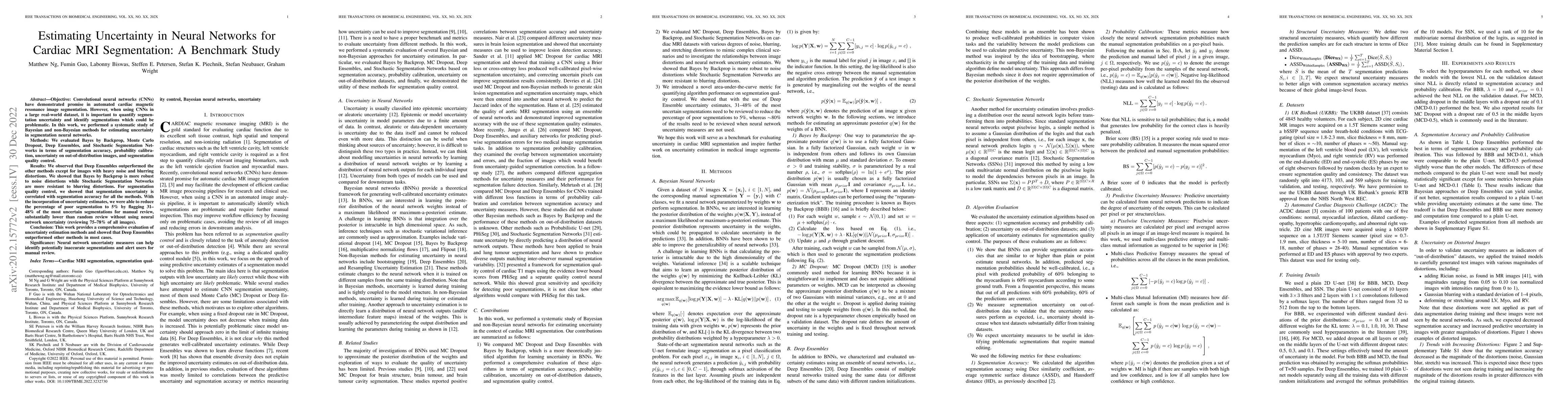Thumbnail for Estimating Uncertainty in Neural Networks for Cardiac MRI Segmentation:
  A Benchmark Study