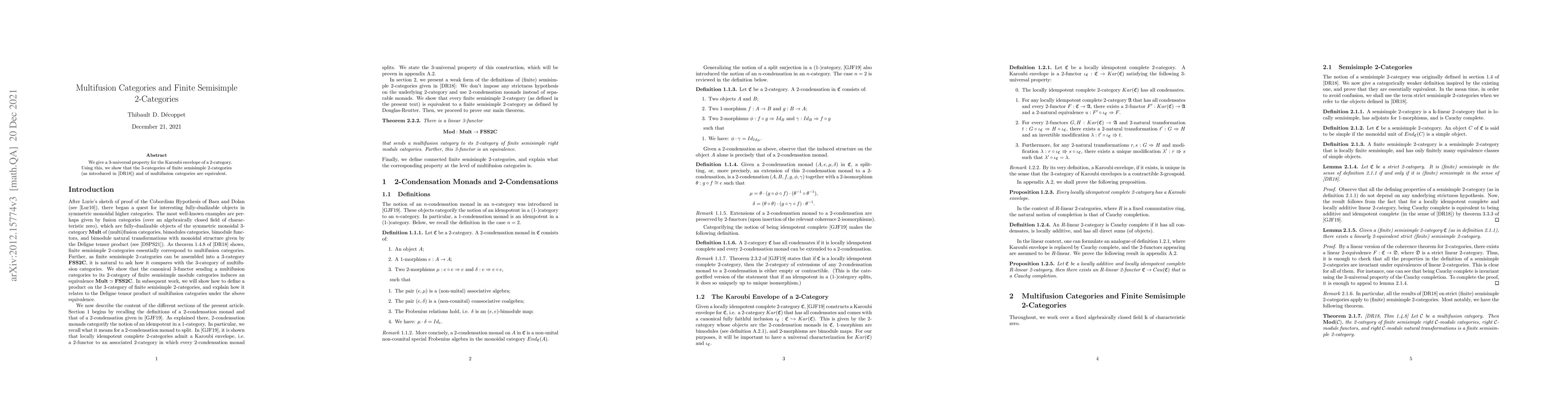 Thumbnail for Multifusion Categories and Finite Semisimple 2-Categories
