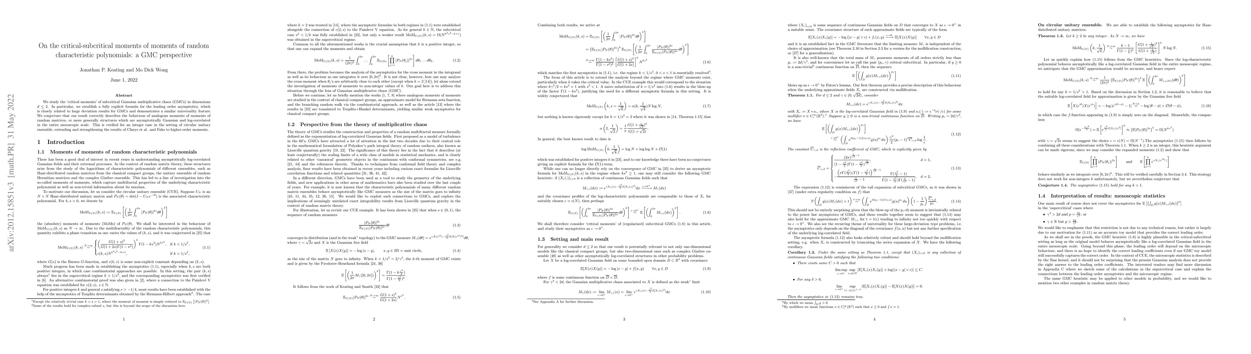 Thumbnail for On the critical-subcritical moments of moments of random characteristic
  polynomials: a GMC perspective