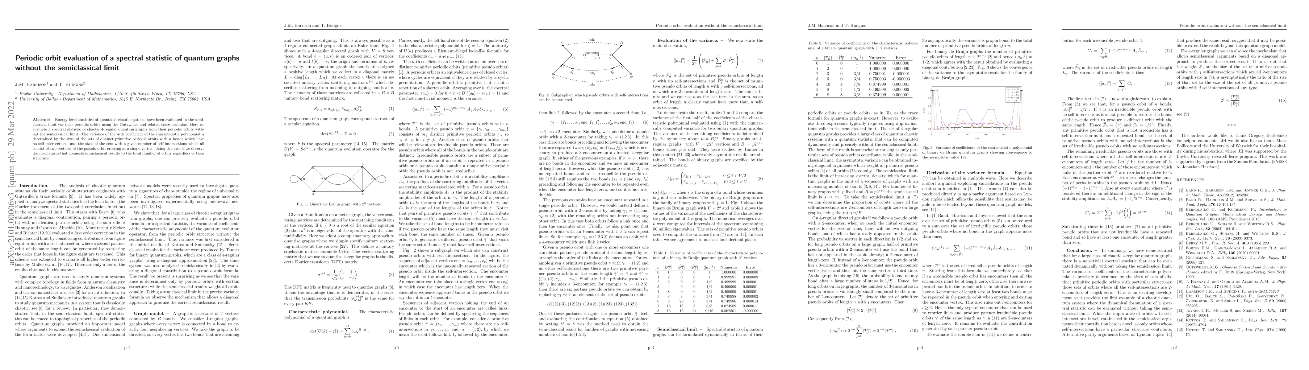 Thumbnail for Periodic orbit evaluation of a spectral statistic of quantum graphs
  without the semiclassical limit