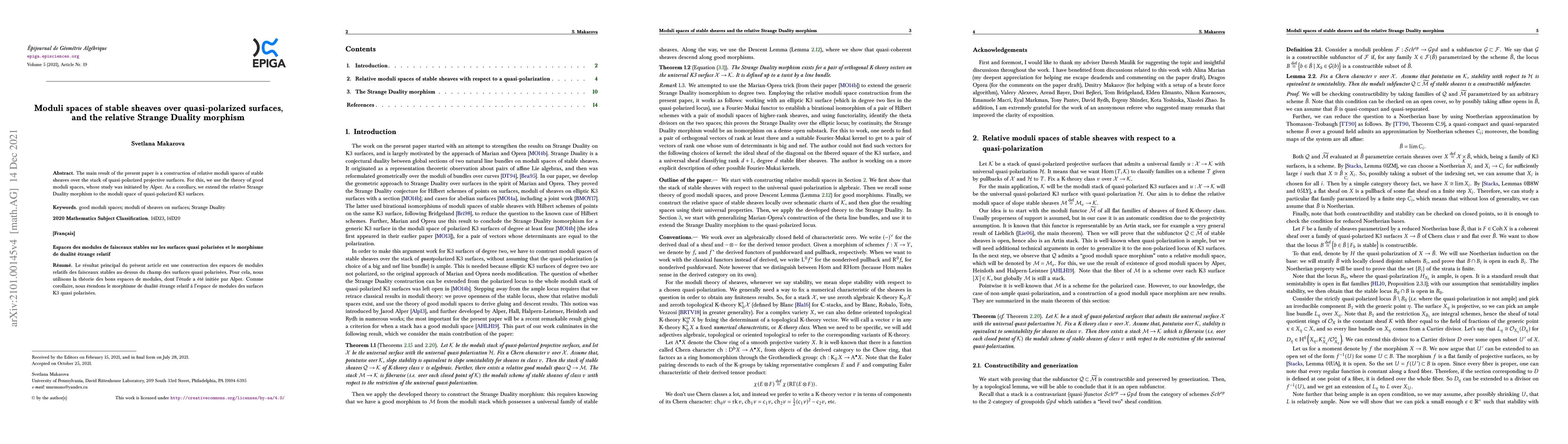 Thumbnail for Moduli spaces of stable sheaves over quasi-polarized surfaces, and the
  relative Strange Duality morphism