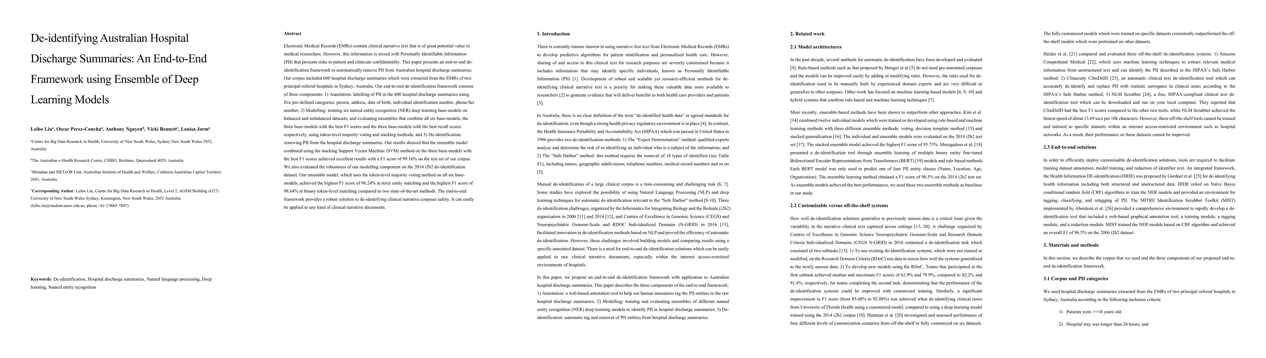 Thumbnail for De-identifying Australian Hospital Discharge Summaries: An End-to-End
  Framework using Ensemble of Deep Learning Models