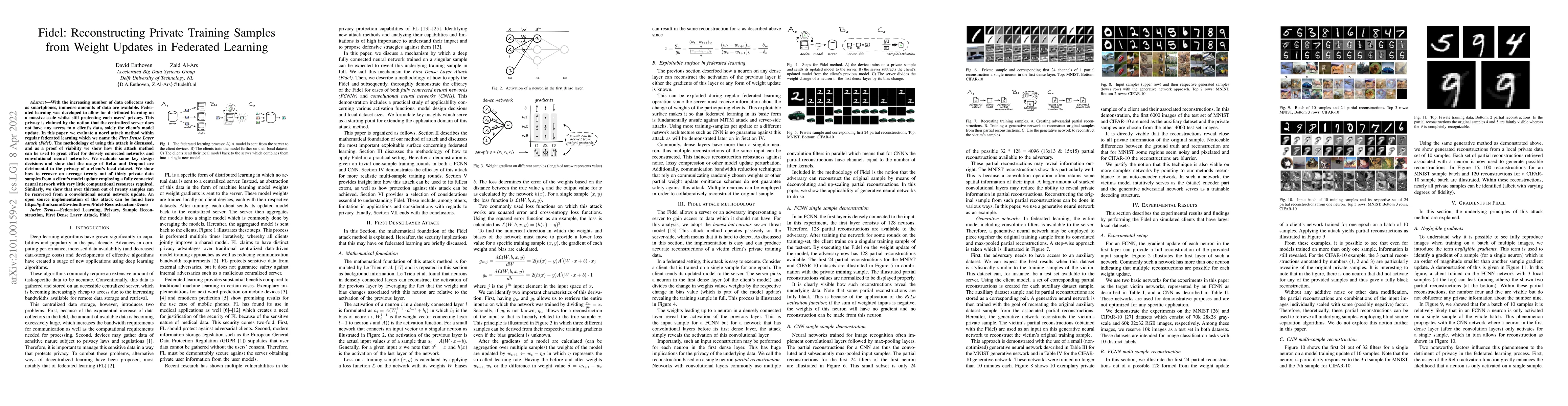 Thumbnail for Fidel: Reconstructing Private Training Samples from Weight Updates in
  Federated Learning