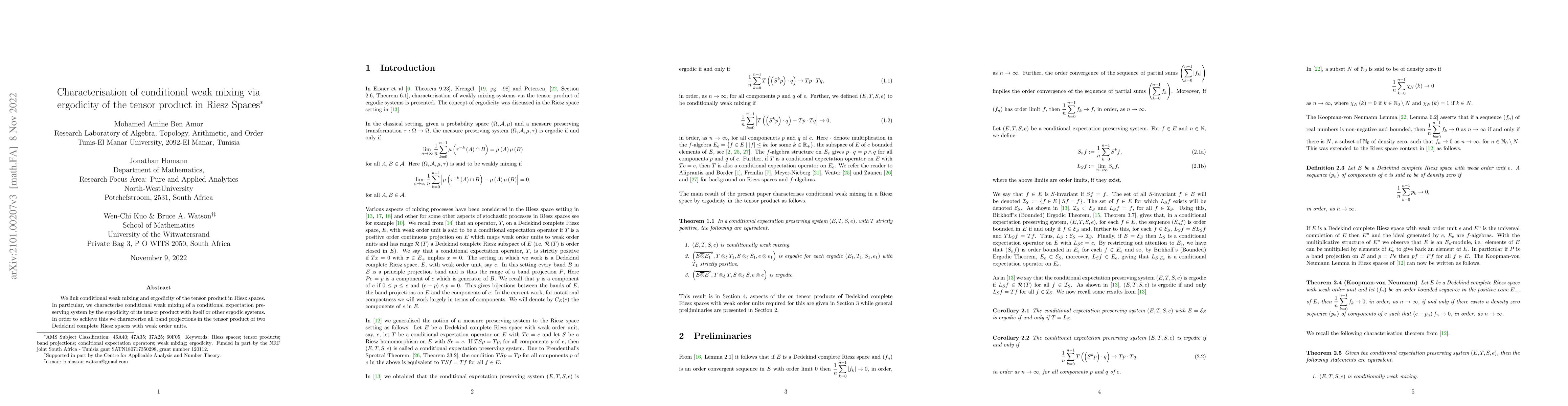 Thumbnail for Characterisation of conditional weak mixing via ergodicity of the tensor
  product in Riesz Spaces