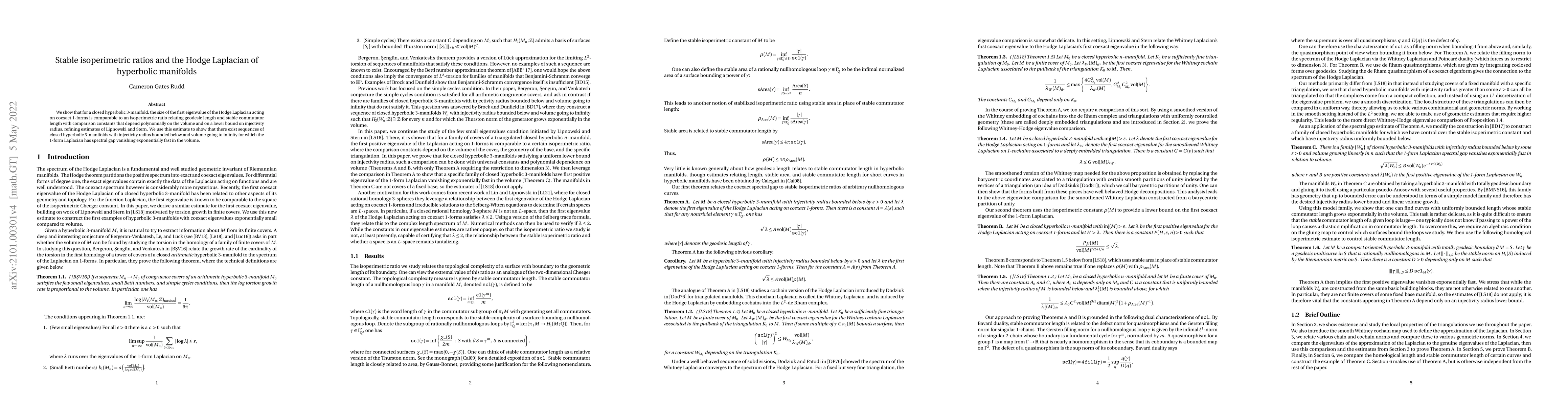 Thumbnail for Stable Isoperimetric Ratios and the Hodge Laplacian of Hyperbolic
  Manifolds