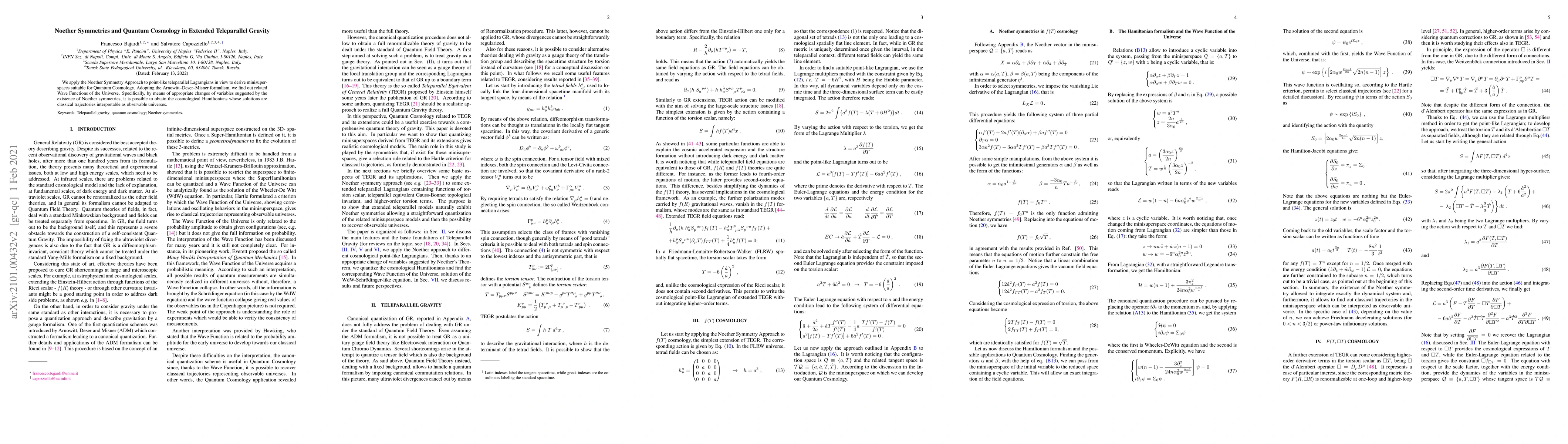 Thumbnail for Noether Symmetries and Quantum Cosmology in Extended Teleparallel
  Gravity